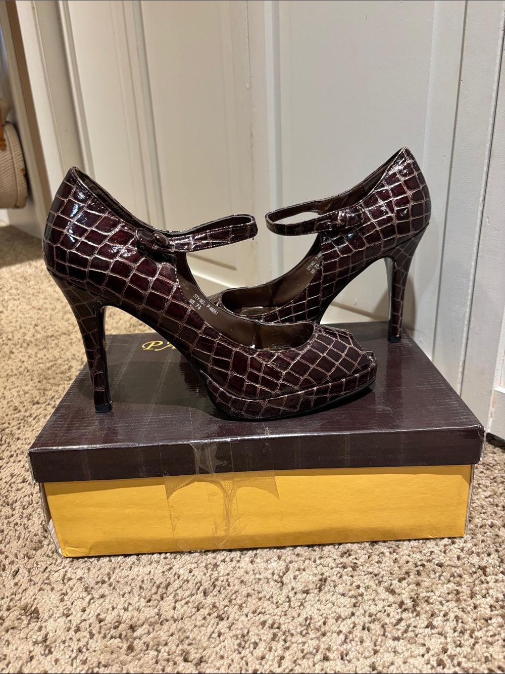 Croc-Embossed Mary Jane High Heels in Dark Brown